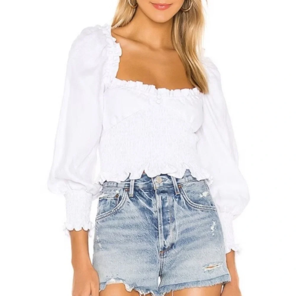 NWT Faithfull the Brand Bel Rose Puff Sleeve Linen Top White Size 10